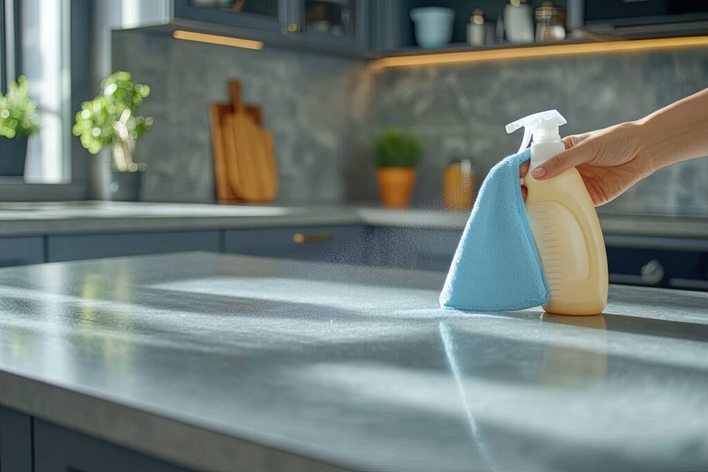 Wiping a kitchen counter during a standard home cleaning service