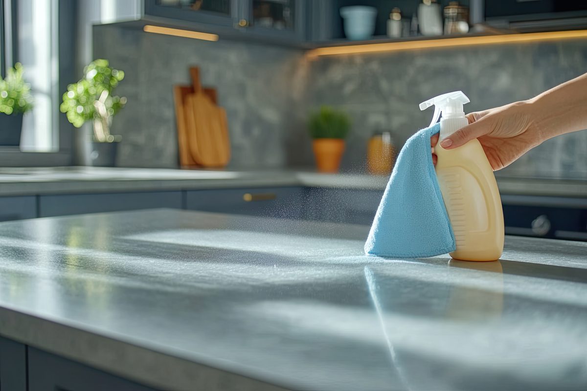 Wiping a kitchen counter during a standard home cleaning service